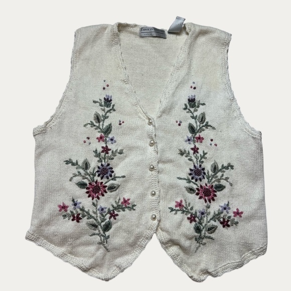 Vintage Carolyn Taylor Embroidered Floral Knit Vest - Picture 1 of 5